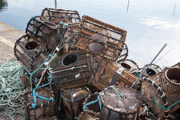 Lobster and crab pots on a dock