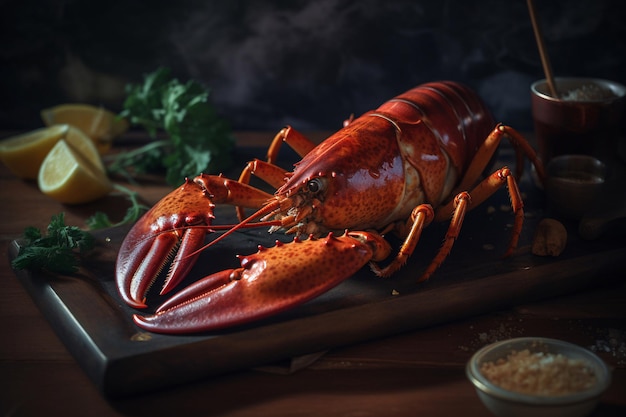 A lobster on a cutting board with a bowl of parsley on the table.