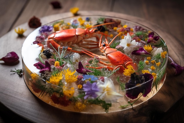 Lobster in a glass bowl with flowers on a wooden background Generative AI