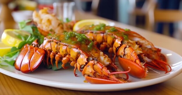 Lobster grilled on a plate garnished in lemon sauce and seasoning seafood Generated AI