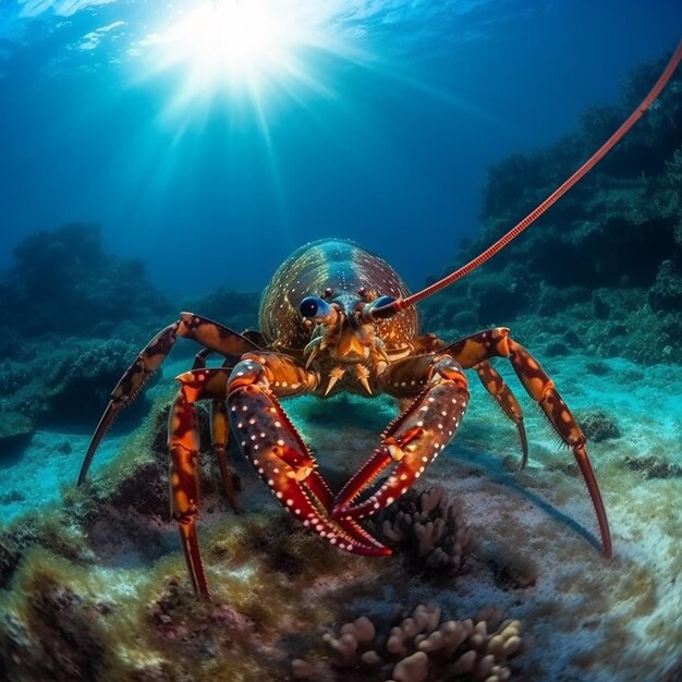 A lobster is on the ocean floor