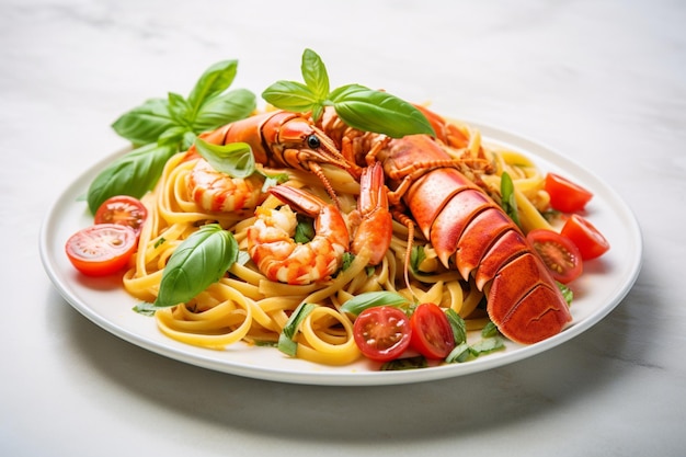 Lobster Pasta Lobster food made from steamed crab with basil and tomato Lobster restaurant dish Seafood concept Pasta all'astice or lobster spaghetti festive foods concept