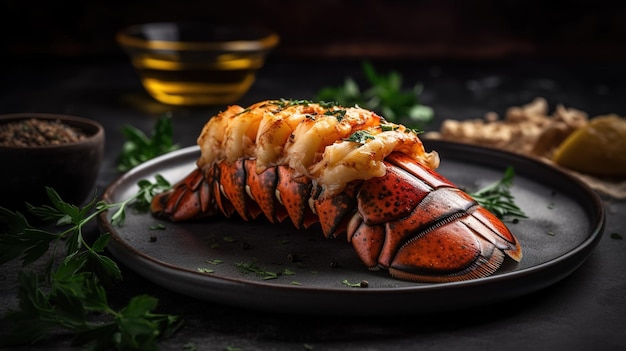 A lobster on a plate with a bowl of garlic and parsley on the side