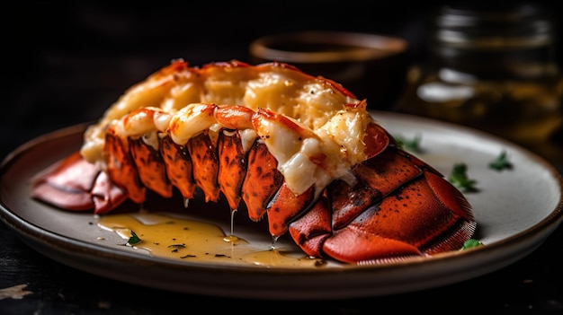 A lobster on a plate with a sauce on it