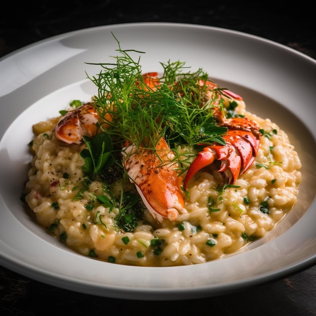 Lobster risotto close up Delicous Lobster Risotto made from roasted lobster claws with parmesan and herbs garnished with microgreens Lobster restaurant dish Seafood concept