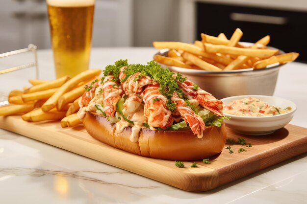 Lobster roll on a brioshe bun with fries