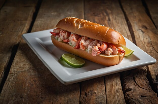 Lobster roll served on a rustic wooden table