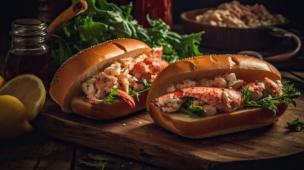 Lobster Rolls full of chunks of lobster meat and vegetables on a wooden plate