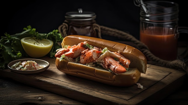 Lobster Rolls vol stukjes kreeftvlees en groenten op een houten bord