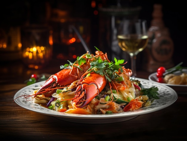 Lobster salad made from grilled lobster meat vegetables and and olive oil dressing garnished with edible flowers Seafood concept Lobster restaurant dish Crab meat salad served with white wine