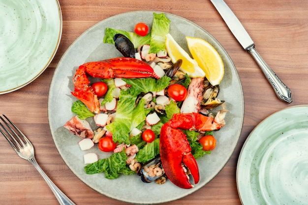 Lobster salad on the white plate top view