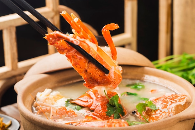 Lobster Seafood congee in a casserole