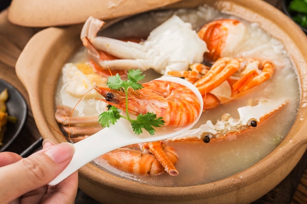 Lobster Seafood congee in a casserole