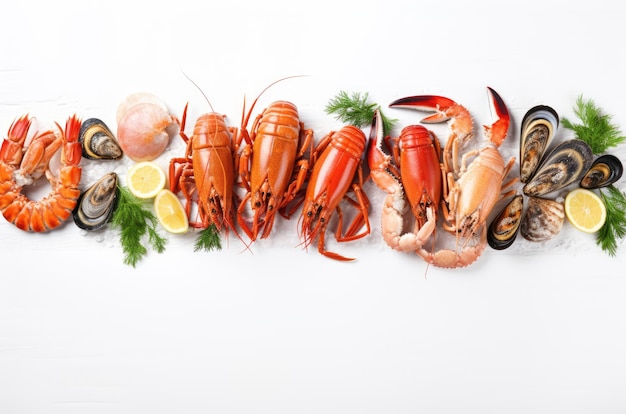 Lobster and shellfish with copy space on a white background