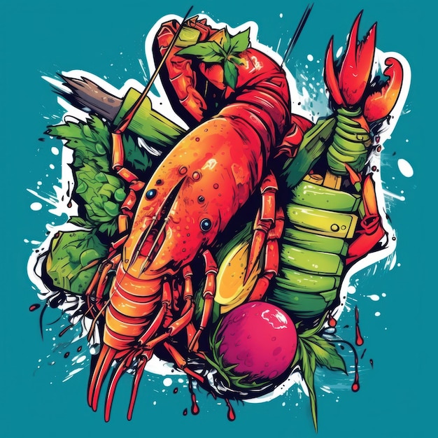 Lobster and shrimp kebabs in an art style