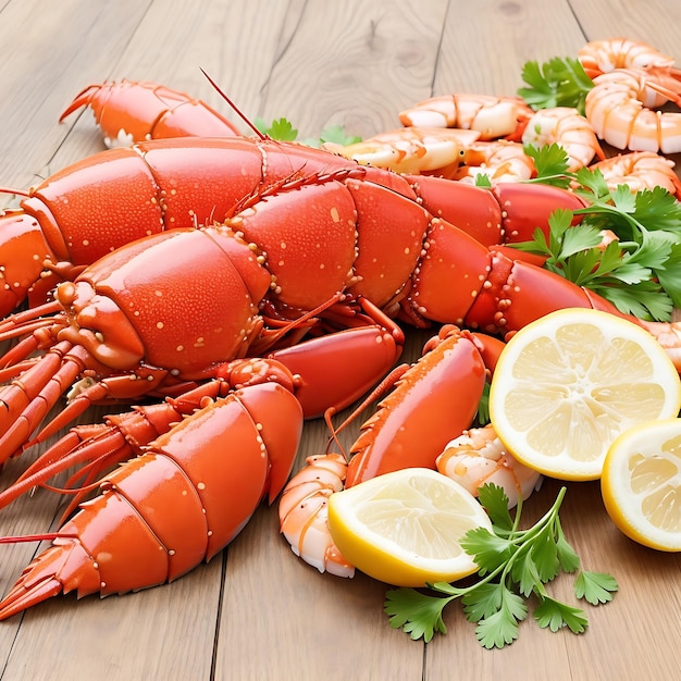 Lobster and shrimps on wooden table AI generated