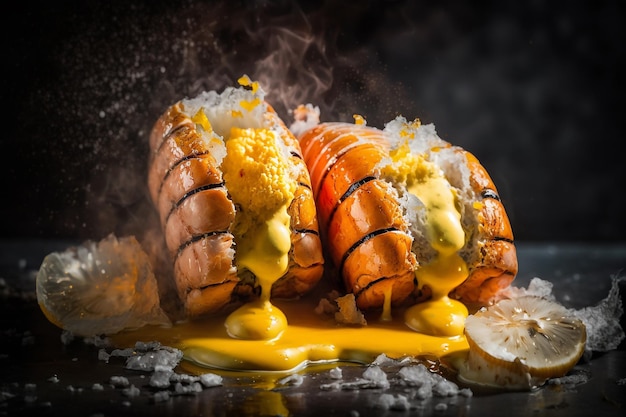 Lobster tails dripping melted butter Generative AI