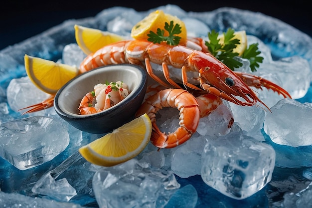 a lobster with a bowl of ice and a bowl of ice with a lemon wedge and ice