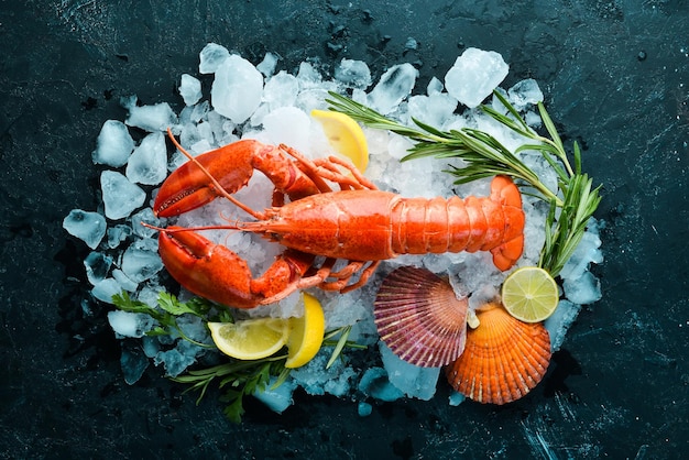 Lobster with spices on a dark background Top view Free copy space