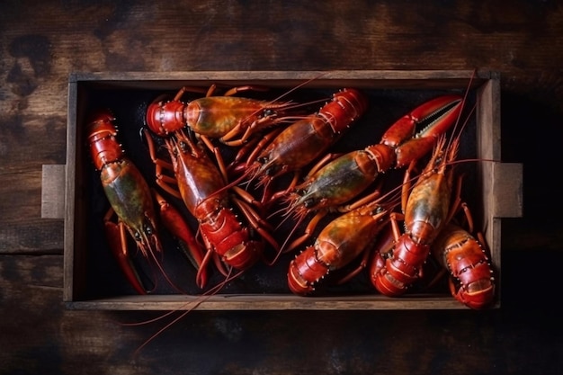 Lobsters in a wooden box on ice Delicatessen seafood Generative AI