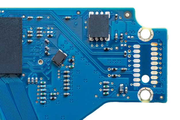 Local close-up of blue circuit board circuit of mechanical hard disk