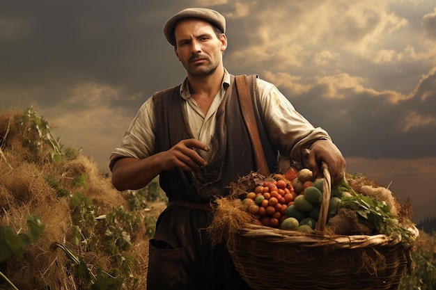 Local farmer in the Caucasus region carrying a basket overflowing with harvested crops