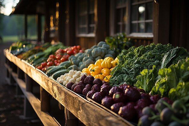 Photo local farmer's market rows of fresh produce and price tags