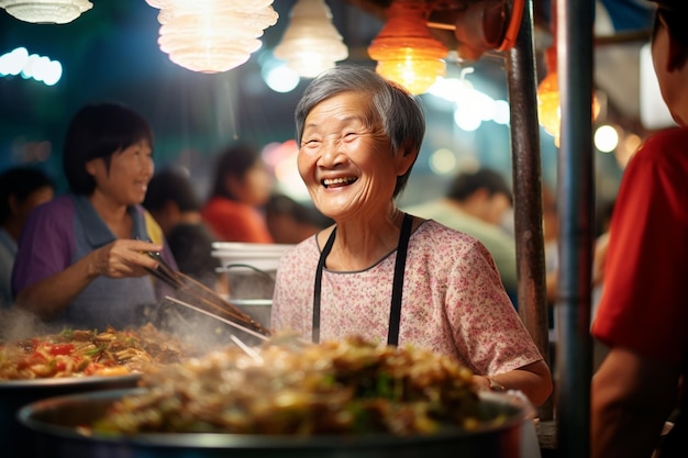 Local female chef happily cooks at street food market at night