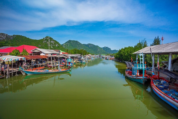 A local fisherman goes out on a boat from boats park to the sea for fishing Traditional colorful