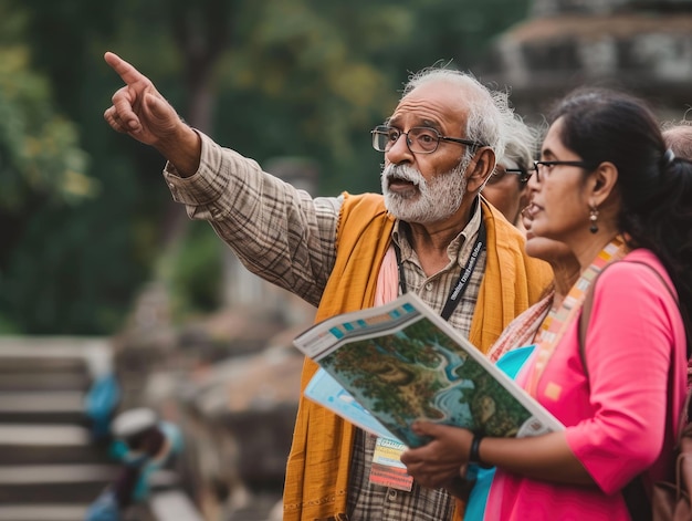 Local Guide Explaining Directions to Tourists with Map in City