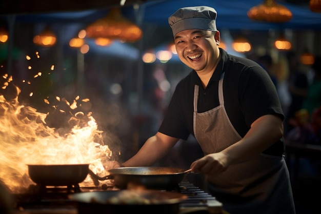 Local male chef happily cooks at street food market at night