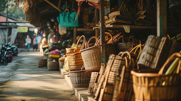 写真 プラスチックのない生活を促進する様々な竹の袋を特徴とする地元の市場のシーン