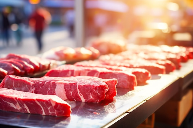 Local market with fresh farm products Choice meat closeup on street counter