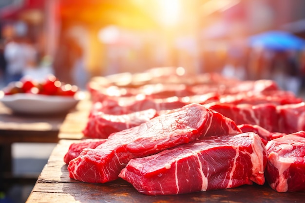 Local market with fresh farm products Choice meat closeup on street counter