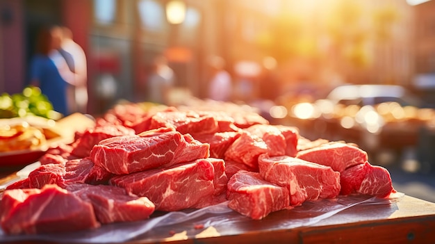 新鮮な農産物を販売する地元の市場 街のカウンターで肉を選ぶ