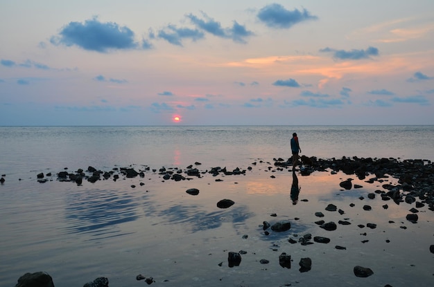 Local thai women people leash dog walking relax on stone rock beach recreation and playing swimming water in sea ocean in Gulf of Thailand while sunset dusk time at Koh Chang island in Trat Thailand