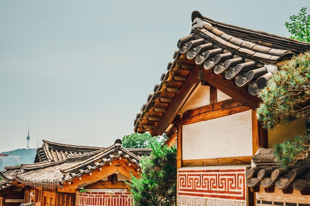 Foto viaggio locale casa tradizionale in corea classica vintage del tetto punto di riferimento nome bukchon hannok