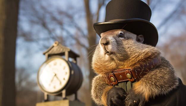 Foto reporter meteorologico locale che consegna uno speciale segmento del giorno della marmotta