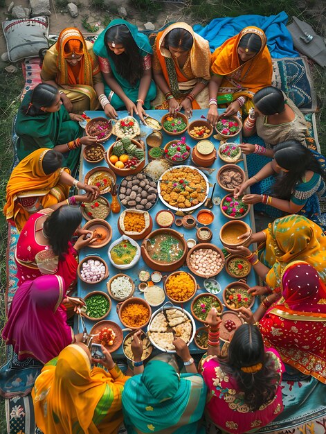 Photo locals celebrating a picnic in a festive indian festival wit neighbor holiday activities background