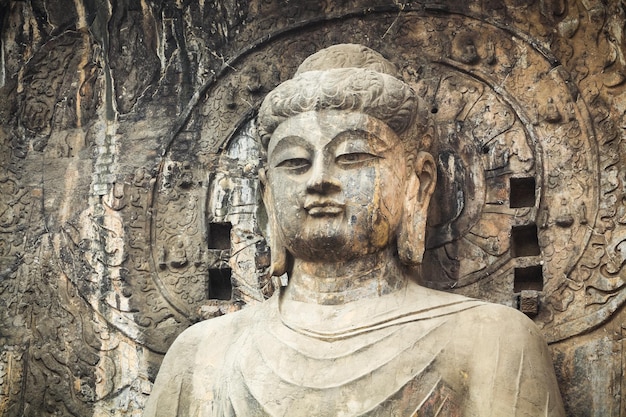 Locana boeddhabeeld close-up het is het meesterwerk van boeddhistische snijkunst van de Tang-dynastie in China