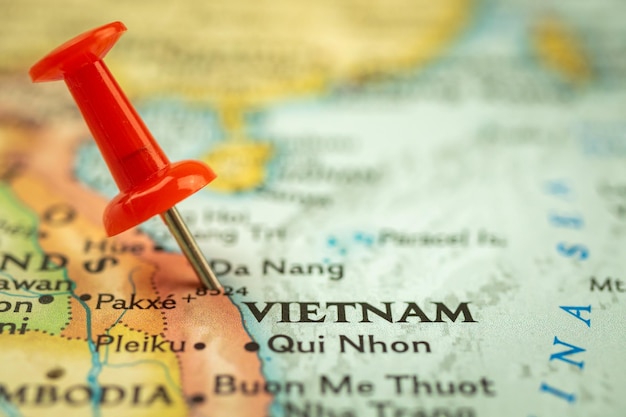 Foto locatie vietnam reiskaart met push pin point marker close-up azië reis concept