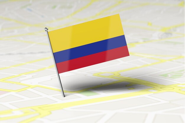 Locatiespeld van de nationale vlag van Colombia geplakt in een stadsplattegrond 3D-rendering