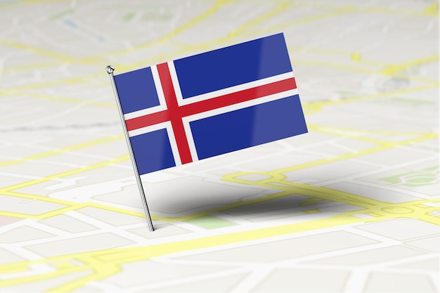 Locatiespeld van de nationale vlag van IJsland geplakt in een stadsplattegrond 3D-rendering