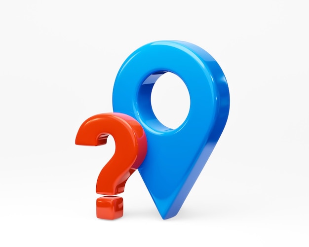 Location 3d sign of question mark find icon concept or navigation distance pin map marker symbol and gps direction place point isolated on white background with unknown global position system pointer.