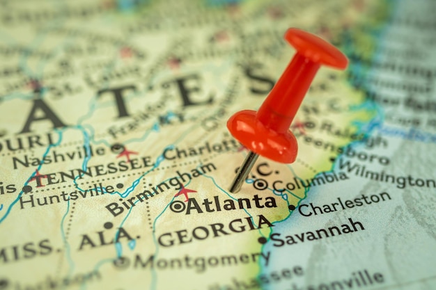 Location atlanta city in georgia map with red push pin pointing closeup usa united states of america