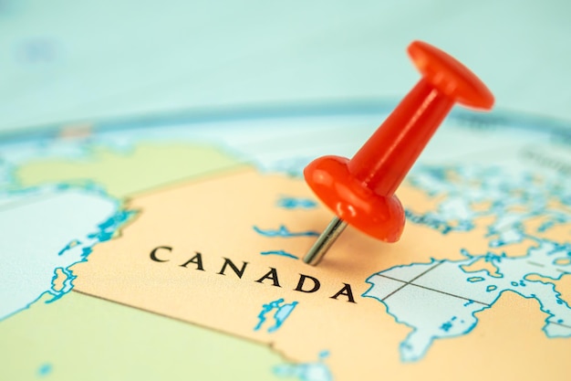 Photo location canada, map with red push pin pointing close-up, north america