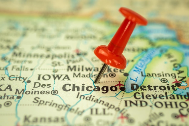 Photo location chicago city in illinois map with red push pin pointing closeup usa united states of america