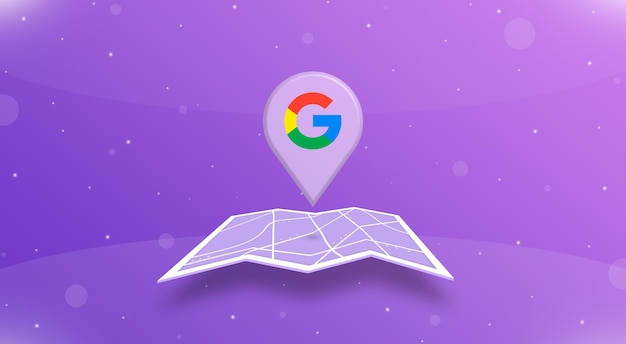 Location gps point with google logo above the open map 3d