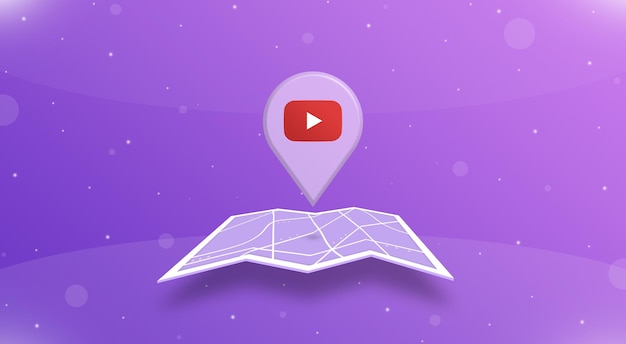 Location gps point with youtube logo above the open map 3d