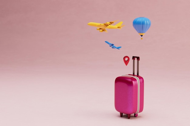 Location icon, red color suitcase, yellow and blue planes, blue\
hot air balloon